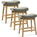 Counter Height Bar Stools Set of 3 for Kitchen Counter Farmhouse Modern Barstools with Upholstered Fabric Backless Seat and Solid Wood Legs 24 inch Bar Chairs, Grey + Wood Color