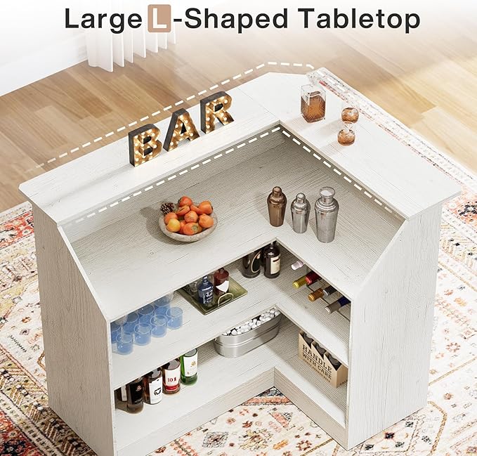 Tribesigns Bar Cabinet, L-Shaped Home Bar Table with Stemware Racks, 4-Tier Corner Bar Unit Liquor Wine Bar Table Reception Desk for Home Pub, White