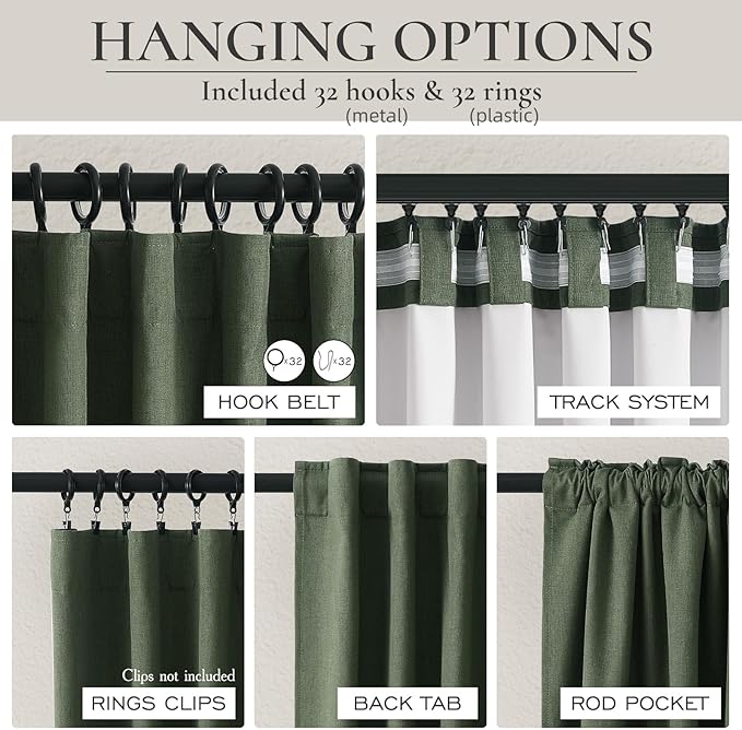 Black Out Curtains for Bedroom Aesthetic 104 Inch Windows, 105 Inches Length Linen Room Darkening Olive Green Canvas Look Classroom/Playroom (W50 xL105 2 Panels) Back Tab/Rod Pocket
