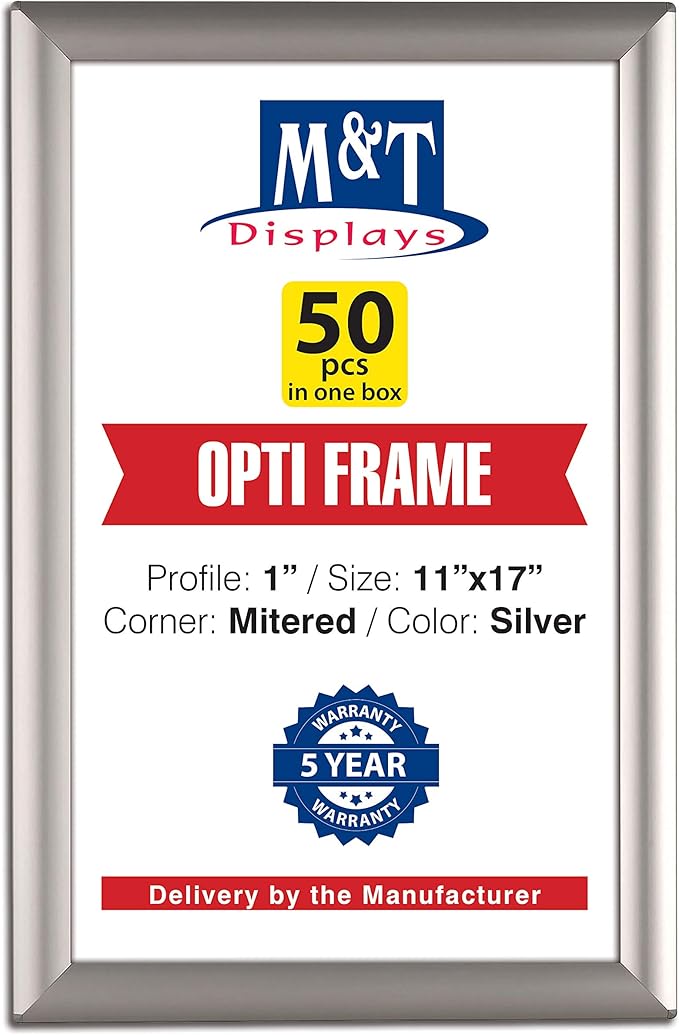 M&T Displays Opti Snap Poster Frame 11x17 Inch Silver 1" Aluminum Profile Front Loading Wall Mounting Photo Picture Document Certificate Sign Holder Mitered Corner Anti Glare Cover (50 pack)