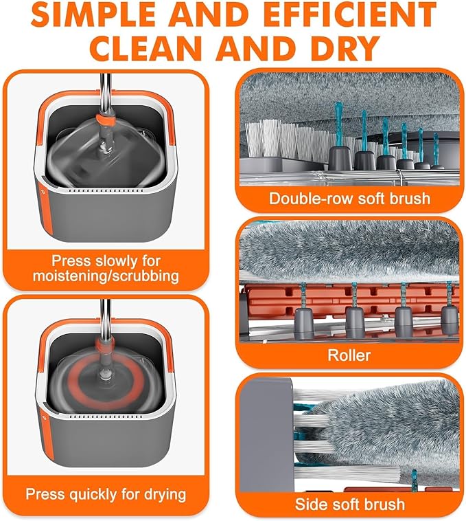 Upgraded Spin Mop and Bucket System Set, Self Separate Clean and Dirty Water, Foldable Square Standing Mop Head with Microfiber Mop Pads, Detachable Bucket (Grey+Orange, Mop Set with 2PC Pads)