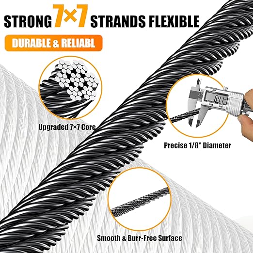 AHEONLAR 1000FT 1/8" T316 Stainless Steel Cable for Railing,7x7 Wire Rope with Cutter,1850 lb Breaking Strength,Deck Stair Fence Hardware Kit for Indoor Outdoor Use,Black