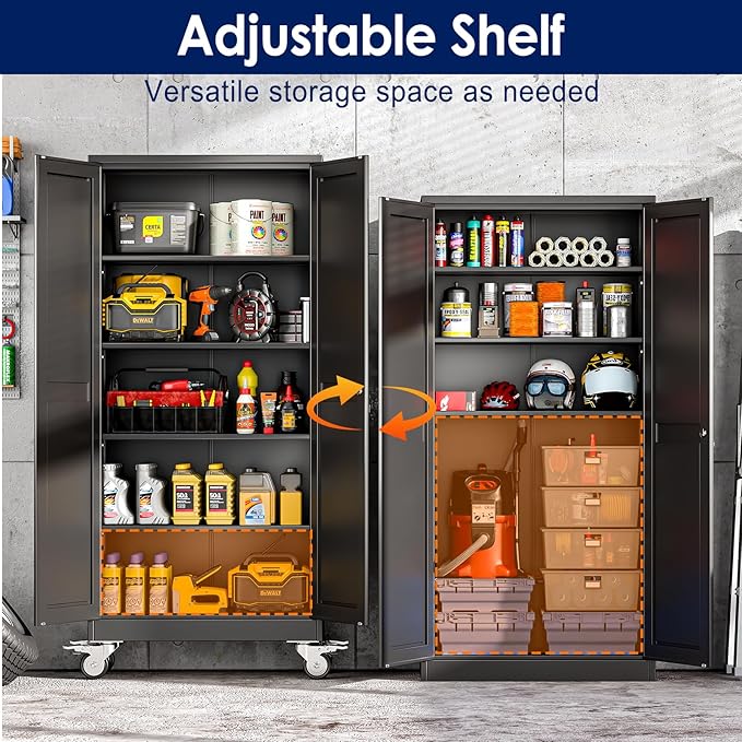 71" H Metal Garage Storage Cabinet, Rolling Tool Cabinet with 2 Doors and Wheels, Locker Steel Cabinet with 4 Adjustable Shelves, Organization Cabinet for Garage,Office,Home,Gym,School（Black）