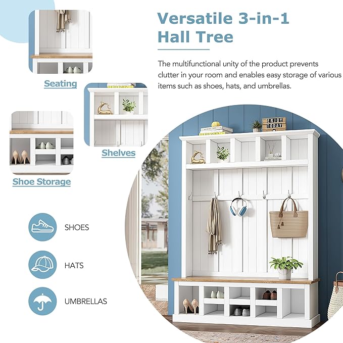 Merax Wood Farmhouse Hall Tree with Storage Entryway Bench, 3-in-1 Coat Racks with 6 Hooks &Shelves for Entrance, Hallway, Mudroom,White