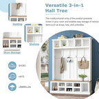 Merax Wood Farmhouse Hall Tree with Storage Entryway Bench, 3-in-1 Coat Racks with 6 Hooks &Shelves for Entrance, Hallway, Mudroom,White