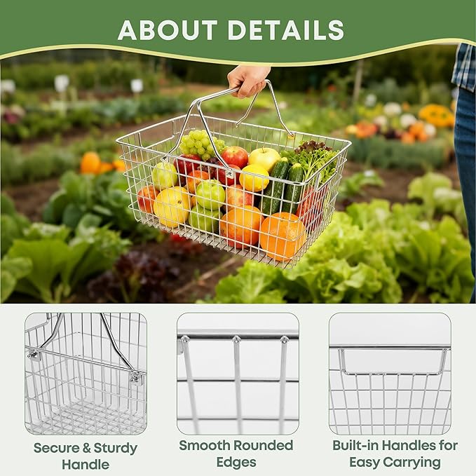 2 Pack Picnic Baskets with Handle, Pantry Organizers and Storage Basket, Stainless Steel Cabinet Organizer, Multi-functional Basket, for Gathering,Closets,Pantry,Garage,Bathroom,Picnic & More (S+L)