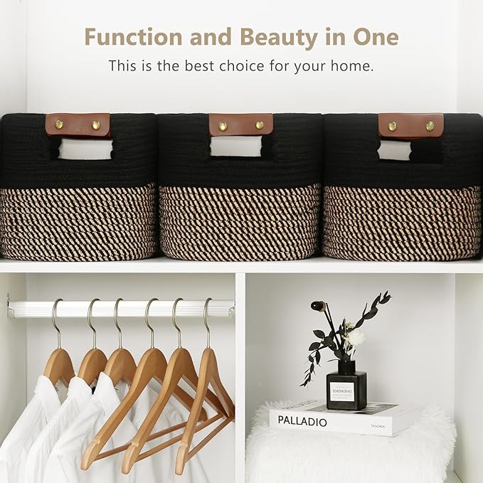 Cotton Rope Basket, Storage Baskets with Handle, 15x10x9 Inch Woven Basket for Shelves, Laundry, Towels, Clothes, Books, (Black Brown 1 Pack)