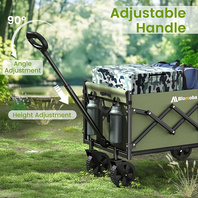 Collapsible Wagon with Wheels, 220 lbs Wagons Carts Foldable Wagon Cart with Flexible Handle, Lightweight Portable Folding Utility Grocery Shopping Cart for Grocery Sports Garden Camping, Green