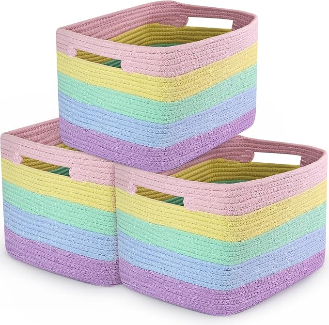 3 Pack Shelf Woven Storage Basket, 15 x 10 x 9” Closet Rope Baskets For Organizing, Square Bins with Handles, Rainbow