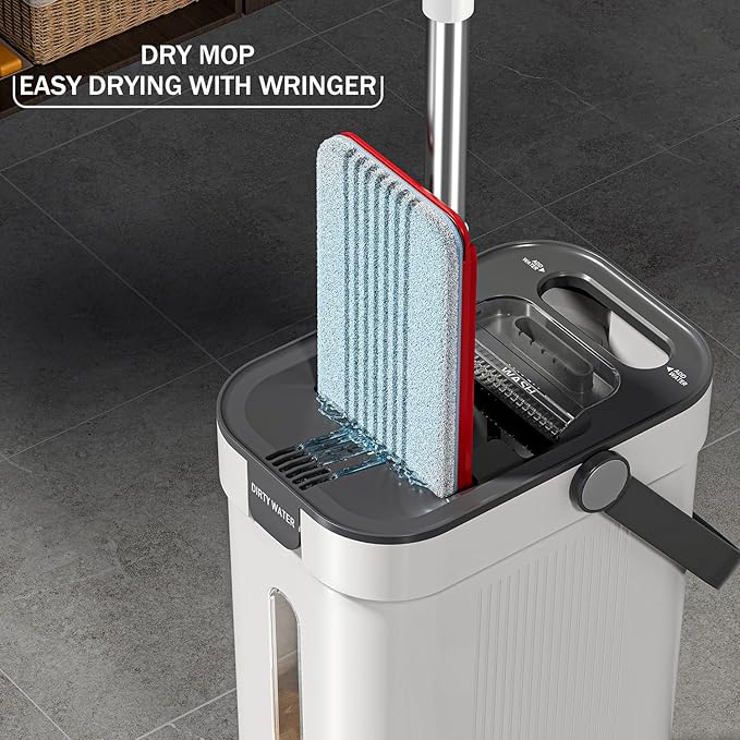 Dual-Mop and Bucket Set, 3-Tank Flat Mop and Bucket System with Separate Dirty and Clean Water, Wall Cleaner Mop, Flat Mops for Floor Cleaning with 6 Microfiber Pads