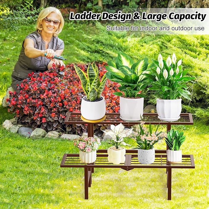 Plant Stand Indoor Outdoor, 2-Tier Foldable Metal Ladder Plant Stands, Stackable Metal Plant Shelf Decorative Flower Pot Holder Display Rack for Garden Living Room Patio,Brown