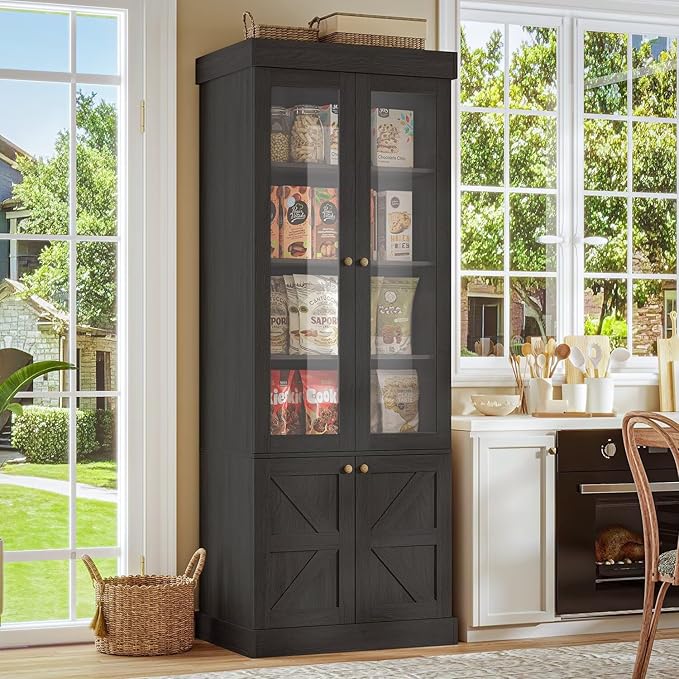 Vyre 71" Tall Farmhouse Bookshelves with Glass Doors and Drawers, Large Modular Bookcase with Adjustable Shelves, Wooden Storage Cabinet for Living Room, Kitchen, Black, Set of 4