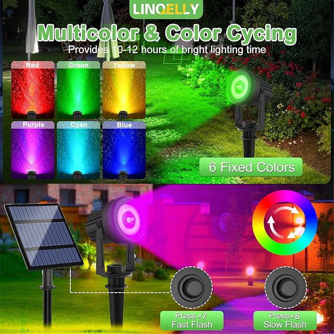 Solar Spotlights Outdoor Waterproof, RGB Landscape Spotlights, Christmas Decorative Solar Spot Lighting for Garden, Yard, Pathway, Lawn, Poolside, Party, 2-in-1 Mounted (RGB, 4 Pack)