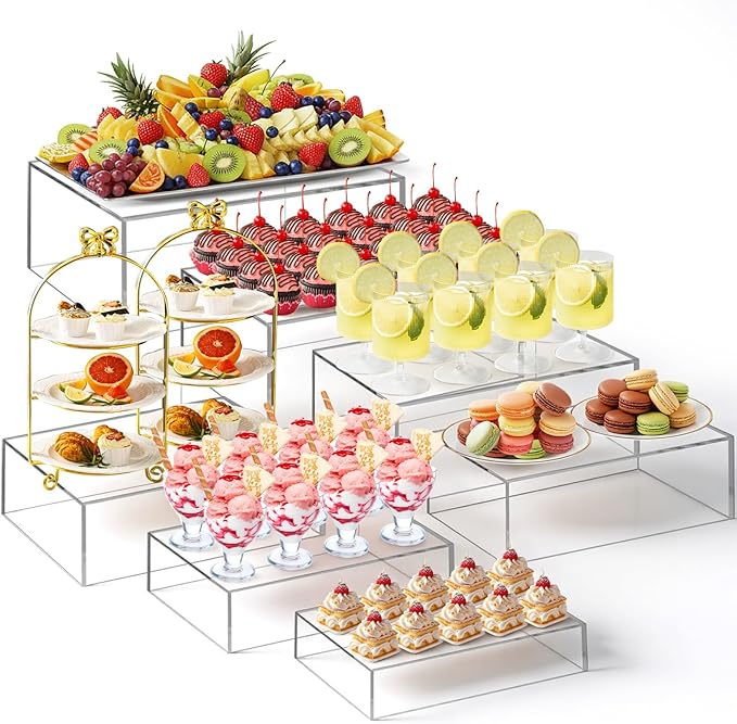 Leinuosen 7 Pcs Extra Large Buffet Risers Set 10" to 16" Rectangle Acrylic Display Box Catering Dessert Table Riser Food Display Decorative Stand with Hollow Bottom for Catering Supplies(Clear)