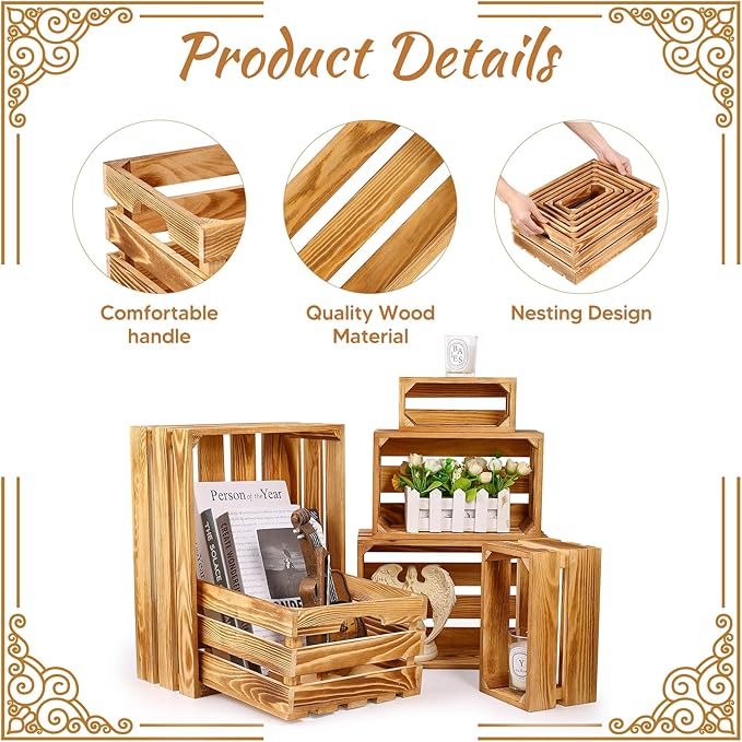 BOBOKA Set of 6 Decorative Wood Crates Nesting Storage Container, 6 Size Farmhouse Decorative Wooden Storage Boxes, Rustic Wooden Crates for Storage, Display, Christmas Decorations