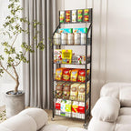 Snack Rack Display Stand, 5 Tier Metal Retail Candy Display Rack with Wheels, Removable Bread Organizer Stand with 10 Hooks, Snack Organizer for Stores, Living Room, Kitchen, Office (Black)