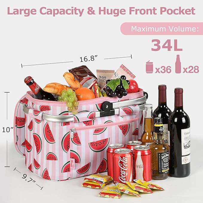 Tirrinia Large Insulated Picnic Basket, 34L Water Resistant & Leakproof Collapsible Portable Cooler Basket Set with Aluminium Handle for Travel, with a Free Foldable Grocery Bag, Pink
