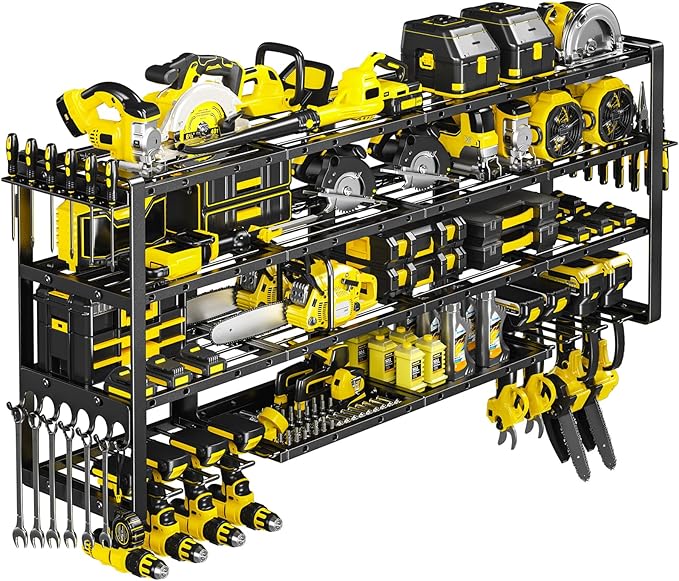 Extra Large 64" W Power Tool Organizer Wall Mount, Load 1000 lbs, Heavy Duty 4 Tier Garage Storage Rack with 8 Drill Holders, 2 in 1 Corner or Straight Installation, Christmas Gift for Men
