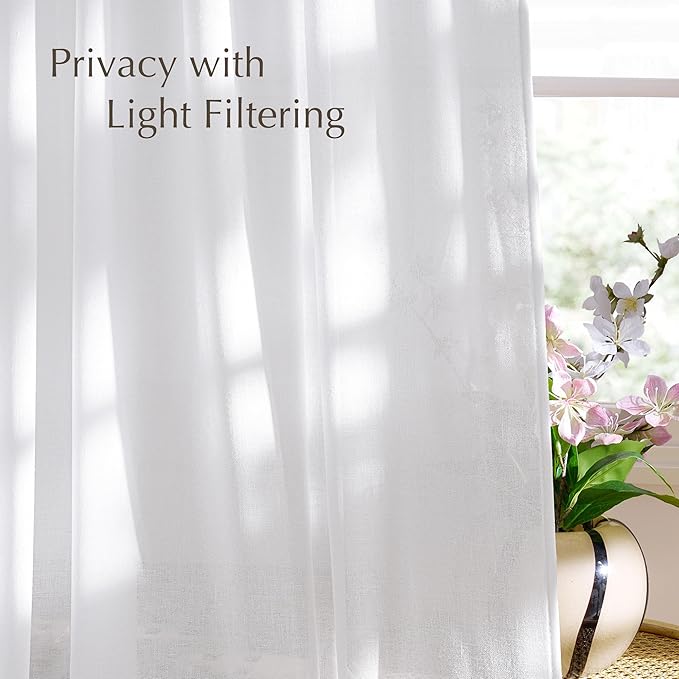 NICETOWN White Linen Curtains 84 inches Long, Back Tab/Rod Pocket with Pleat Tape Privacy Added with Light Filtering Semi Sheer Window Treatments for Living Room, W52 x L84, 2 Panels