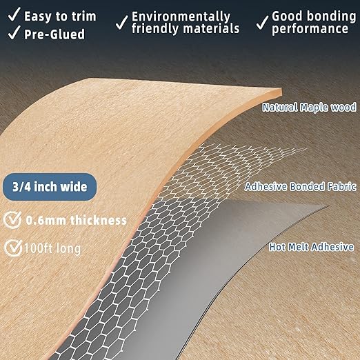 Maple Edge Banding, 3/4 inch x 100ft roll of Wood Edge Banding Pre-glued Flexible, Veneer Tape Banding for Cabinet Repair Furniture