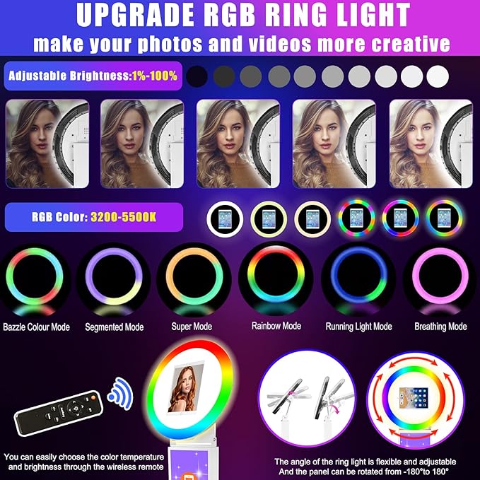 Portable Photo Booth for iPad 10.2in 10.9in 11in 12.9in, Metal Shell Selfie Station photobooth Machine,RGB Ring Light,Free Custom Logo, for Parties,Wedding,Christmas,Exhibition