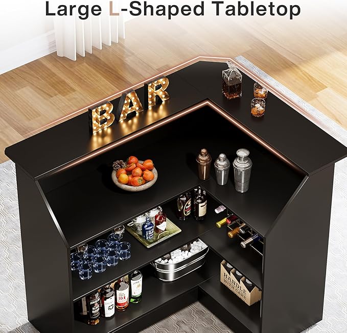 Tribesigns L-Shaped Bar Cabinet, 4-Tier Corner Bar Unit with Stemware Racks, Black