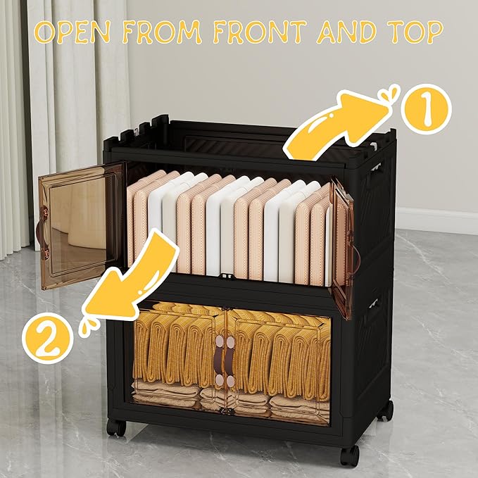 Storage Bins with Lids and Wheels, 199QT-99.5QT*2Tier Collapsible Bathroom Storage Cabinet with Clear Doors, Plastic Stackable Closet Organizers and Containers Black