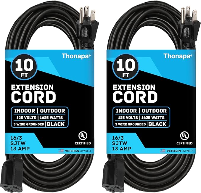 13 Amp Outdoor Extension Cord 10 ft, 2 Pack, 16/3 SJTW 10 Foot Black Extension Cord 3 Prong Multi Pack, Weatherproof ExteriorPower Cable for Outdoor Lights, Landscaping, Lawn, UL Certified