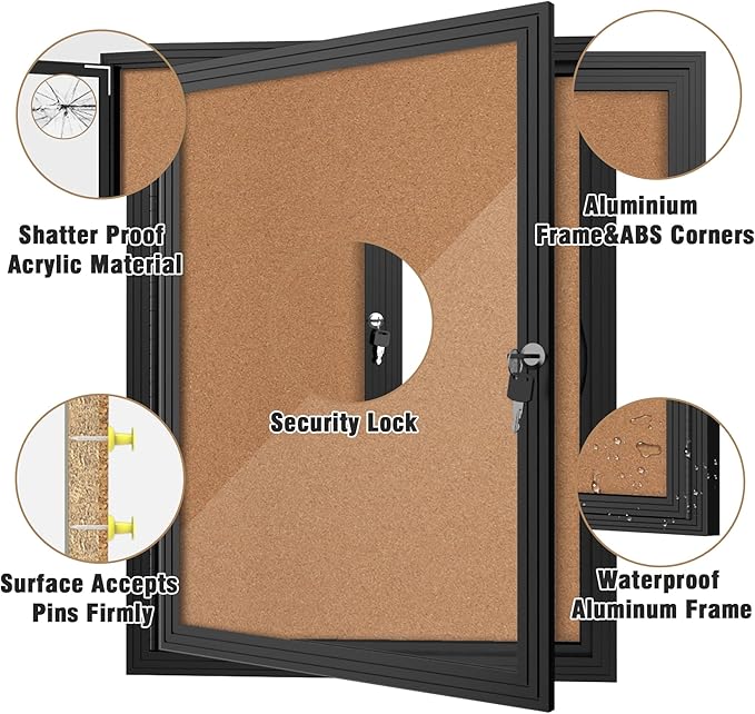 Mifuro 26"x20" Enclosed Bulletin Board, Outdoor Lockable Weather-Resistant Aluminum Cork Noticeboard for School & Office, Black Frame w/Cork