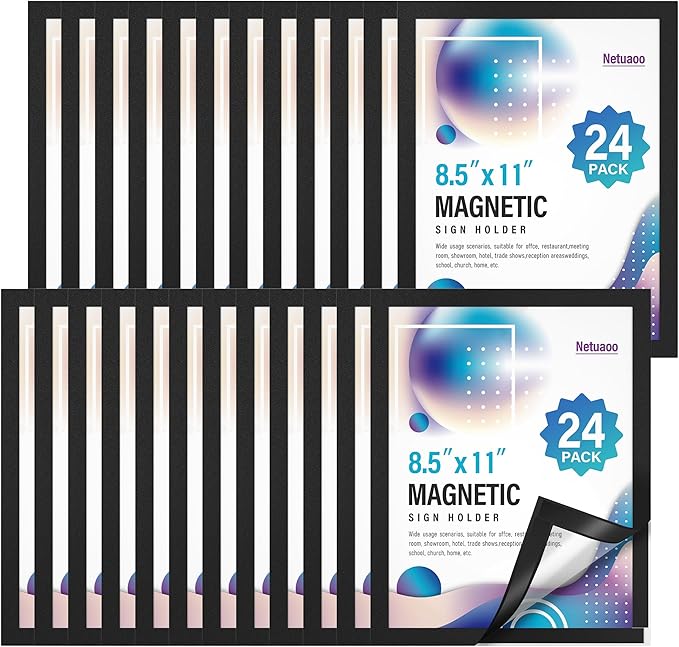 Magnetic Sign Holder 8.5 x 11 Inches Self-Adhesive Magnetic Display Frame 24 Pack Magnet Sign HoldersPicture Frame Document Holder for Wall, Window, Classroom, Office, Poster Store(The back is self-adhesive)