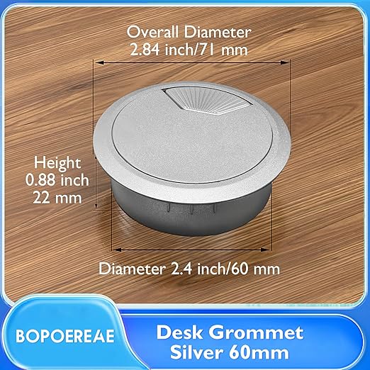 Desk Grommet 2-3/8" (60 mm), Desk Cord Hole Cover, Cable Grommet ABS Plastic, Desk Hole Grommet for Office and Home Table Cable, Detachable Adjustable Cable Cord Organizer (Silvery2 Pcs)