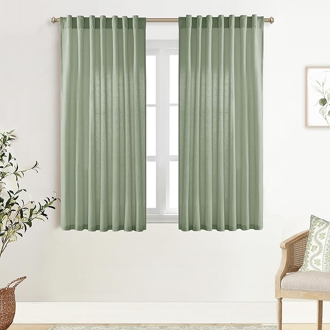 XTMYI Sage Green Back Tab/Hook Belt Linen Cotton Sheer Curtains 45 Inch Length for Bathroom Bedroom 2 Panels Set