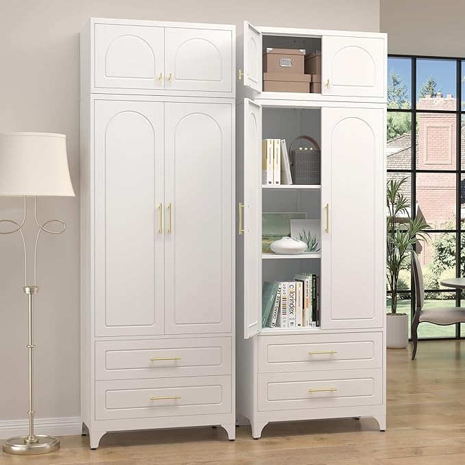 Kitchen Pantry Cabinet，90" Storage Cabinets with Doors and Shelves,Metal Pantry Cabinet with 2 Drawers,White Kitchen Cupboard for Livingroom,Pantry, Bathroom