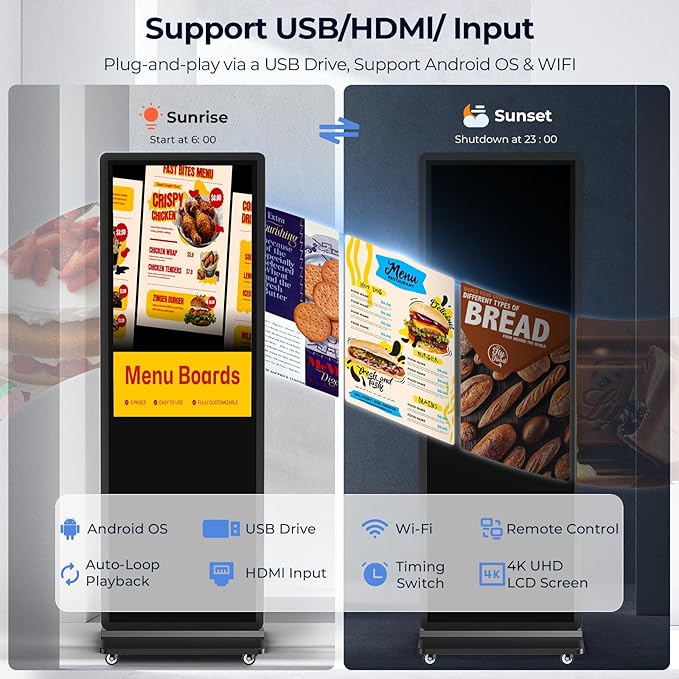 32/43/55/65 Inch Digital Signage Display, LCD Screen Advertising Display Kiosk Interactive Totem Floor Standing Auto AD Player with USB/HDMI/WiFi Android OS (65'' Touch Screen)