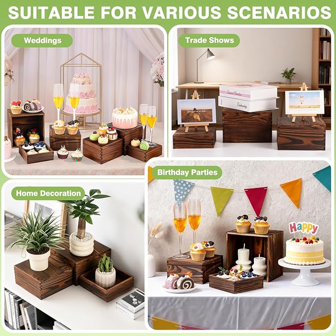 3 Pack Wood Cake Cupcake Stand Buffet Risers, Wooden Display Stand Wood Display Riser, Square Food Display Risers for Party Wedding Birthday Home (6" 7" 8")