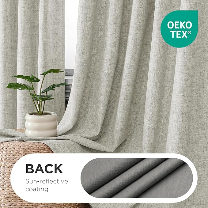 Joydeco Pinch Pleated Curtains - 100% Blackout for Bedroom, Light Beige Linen Curtains 40" W x 63" L, Thermal Insulated 2 Panels Light Blocking Drapes, Back Tabs for Living Room
