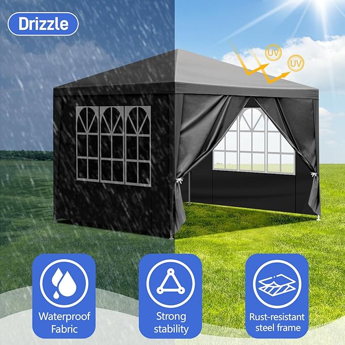 10x10 FT Party Tent, Outdoor Wedding Tents for Parties, Canopy Event Tent with 4 Removable Sidewalls, Waterproof Gazebo Shelter for Birthday Parties, Weddings, BBQs & Events (10X10FT-4Sides Black)