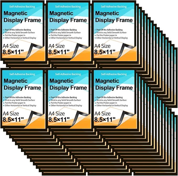 Marspark 50 Pcs Magnetic Sign Holder 8.5 x 11 Self Adhesive Wall Mount Magnetic Document Paper Holder Display Picture Frame with Border and Clear PVC Front Cover for Office Wall Window Store