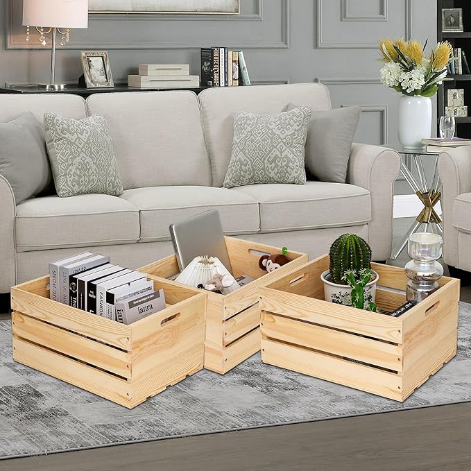 Extra Large Pine Wood Crates For Storage, Vinyl Records Storage Crates,The Storage Crates Are Made Of Pure Natural Solid Wood,Exuding Natural Pine Flavor,Unfinished Wooden Crates For Display . (3)