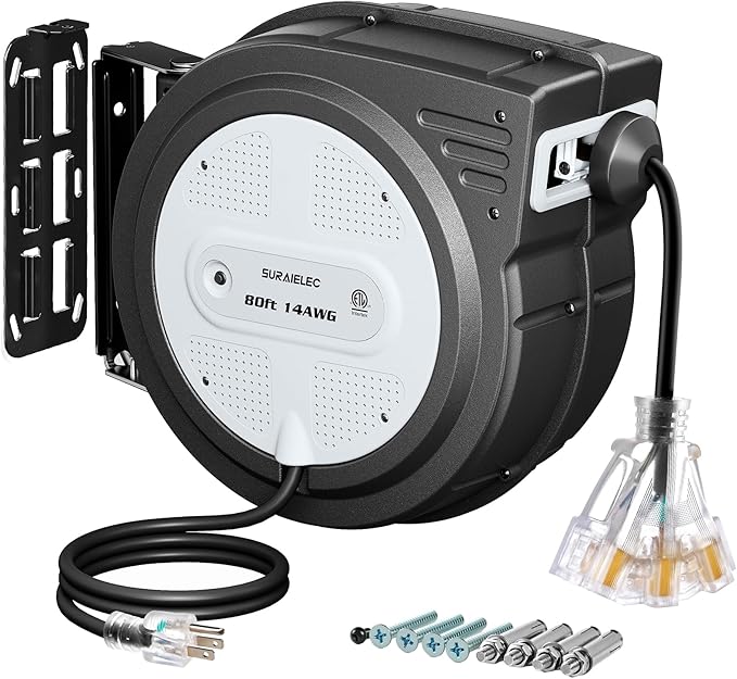 SURAIELEC 80 FT Retractable Extension Cord Reel, 14 AWG SJTOW Power Cord for Garage & Workshop, 10A Circuit Breaker, Wall/Ceiling Mount, Upgraded Anti-Tangle Roller Design, ETL Listed, Grey