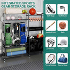 YITAHOME Multi-Functional Sports Organizer for Garage, Golf Gear Storage Rack for 3 Bags and Clubs, Ball Storage Bins with Wheels, Multi-Layer Sports Equipment Rack with Hooks