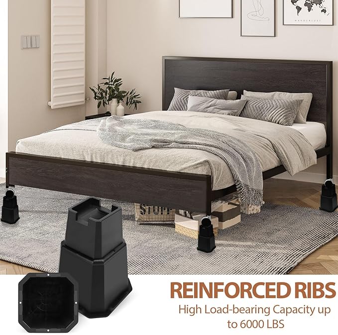 shouwuhho Bed Risers 8 inch, Furniture Risers Elevation in Heights 8 Inch Heavy Duty, Bed Lift Risers for Caster Wheels or Posts of Bed Table Couch, Support up to 6000 lbs, Black, 6 Pack