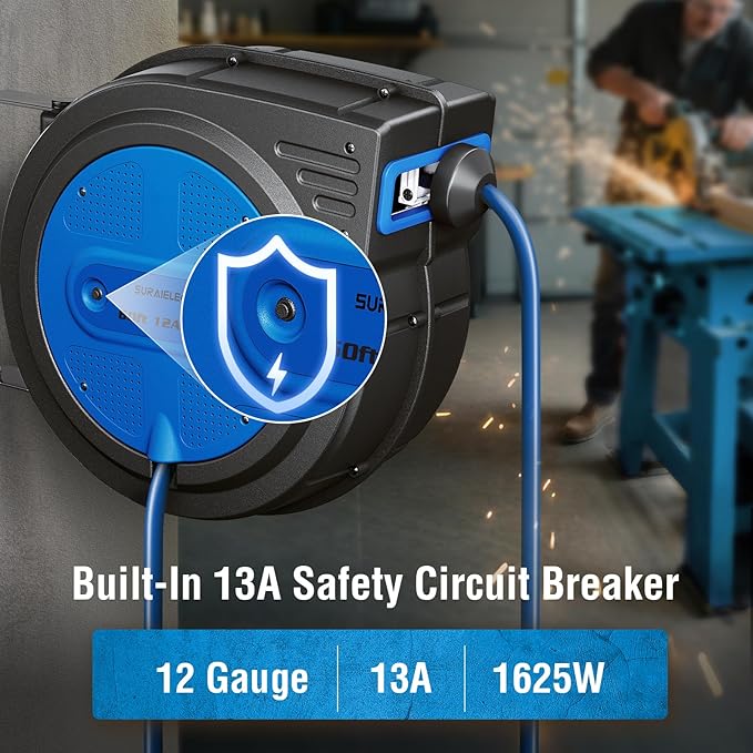 SURAIELEC 12 Gauge Extension Cord Reel, 60 FT Retractable Extension Cord, 12 AWG/3C SJTOW Heavy Duty Power Cord, 13 AMP Circuit Breaker, Lighted Triple Tap, Ceiling or Wall Mount, ETL Listed, Blue