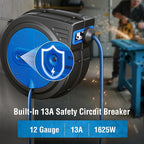 SURAIELEC 12 Gauge Extension Cord Reel, 60 FT Retractable Extension Cord, 12 AWG/3C SJTOW Heavy Duty Power Cord, 13 AMP Circuit Breaker, Lighted Triple Tap, Ceiling or Wall Mount, ETL Listed, Blue