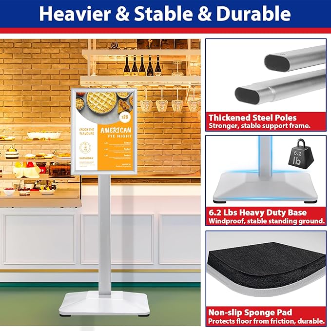 Pedestal Sign holder Stand 8.5x11inch Adjustable Standing Floor Sign Stand with Heavy Base & Snap Frame Display Stand for Indoor Outdoor Business Store Sign Holder Poster Stand (Silver)