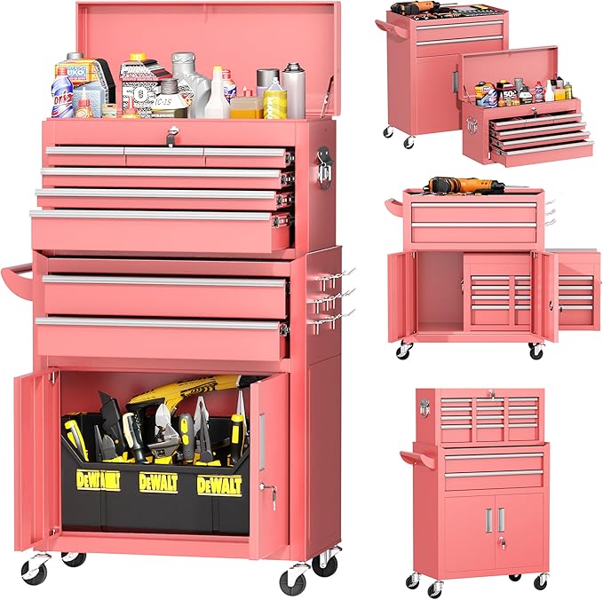 INTERGREAT Tool Chest, Assembled Tool Cabinet with 8 Drawers, Detachable Organized Tool Chests, Lockable Tool Cabinet for Workshop, Warehouse, Mechanics Garage (Pink)
