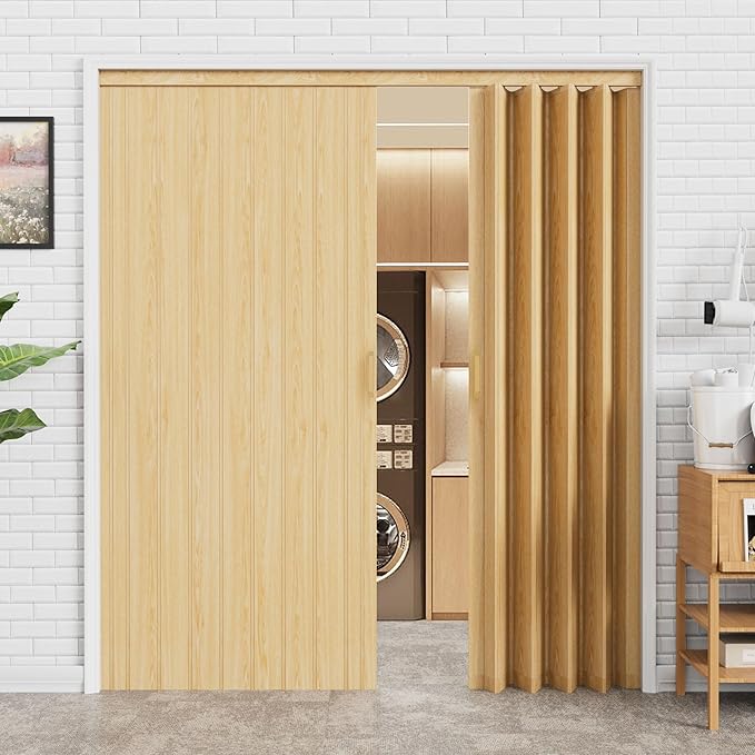 48-72 x 80in (Double 24-36) Enhanced Accordion Doors Interior Folding Door, Oak PVC Accordion Door with Upgraded Roller & Handle & Complete Hardware for Closet Bathroom Doorways, Energy Saving