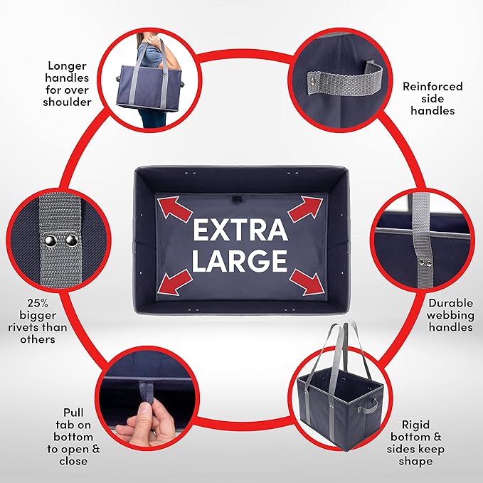 BAG-THAT! 4pk Reusable Grocery Bags Shopping Bags Tote Box Large Heavy Duty Groceries Bag Handles Foldable Reinforced Bottom (Navy Blue/Gray)