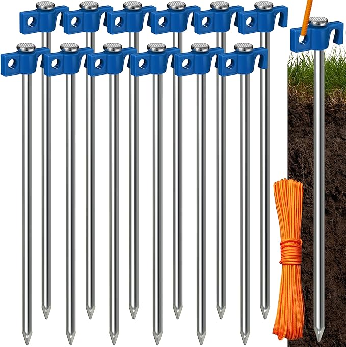 Tradesparker Tent Stakes 12-Pack 10Inch Heavy Duty Garden Stakes Canopy Anchors Double-Sided Hook Design - Includes Ropes for Camping Tents, Pop Up Canopies and Outdoor Events, Blue
