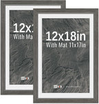 VCK 12x18 Picture Frame 2 Pack - Grey, High-End Wood Poster Frames with Tempered Glass, Display 11x17 Photo with Mat or 12x18 without Mat, Art Gallery-Quality, Wall Hanging, Grey